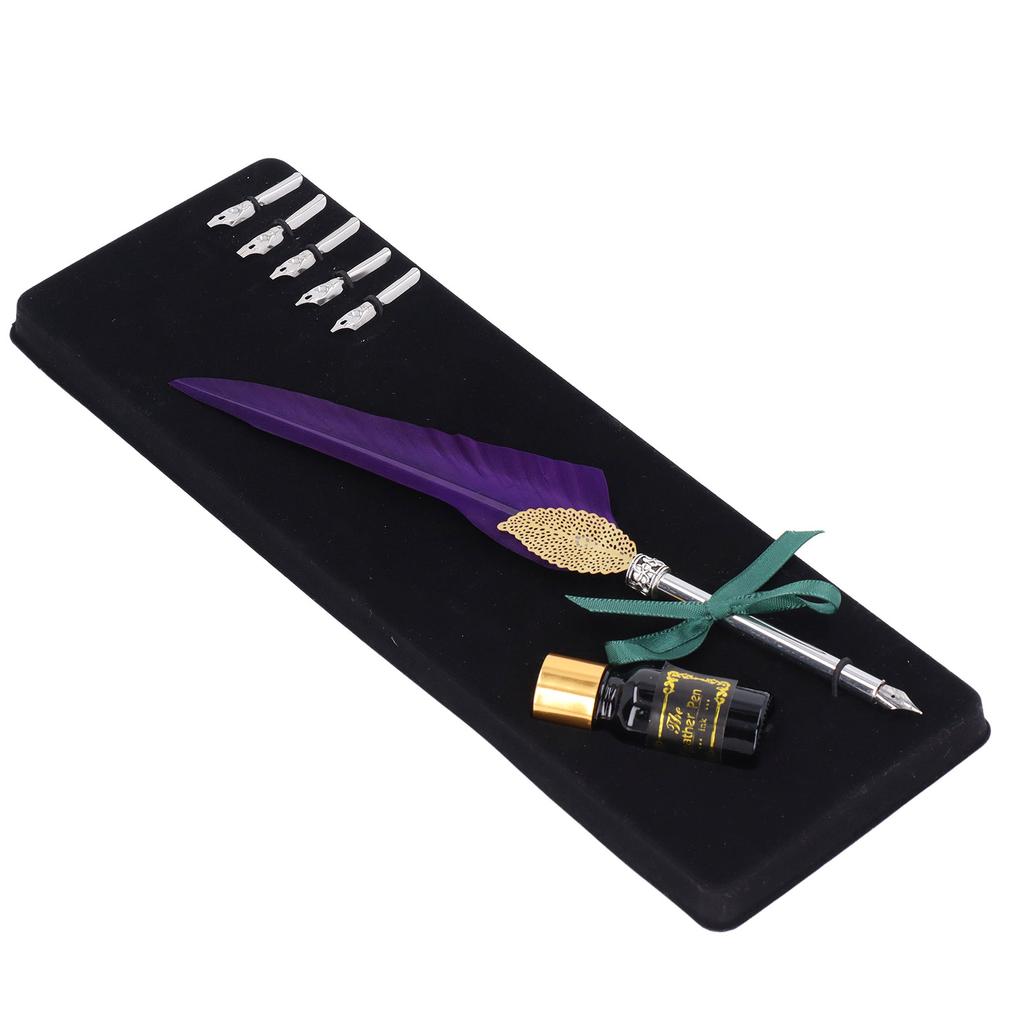 Quill Pen Set Exquisite Feather Design Retro Hollow Style Calligraphy Pen with Empty Ink Bottle Metal Nib SP101014