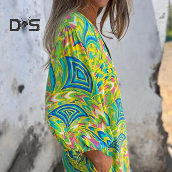 Bedrucktes Maxikleid für Damen, Frühling/Sommer, V-Ausschnitt, Boho-Urlaubskleid, lange Ärmel, lockeres Kleid mit Taschen für den Alltag, Partys, Strand
