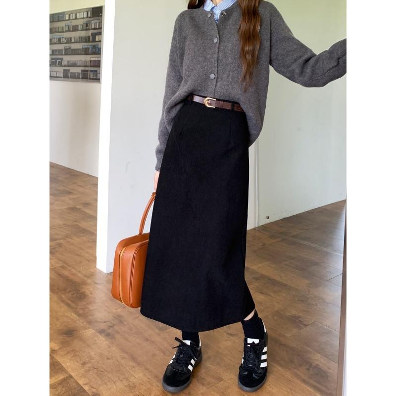 Women's Camel Corduroy Midi Skirt High Waist Straight Casual Warm Winter Skirt with Belt