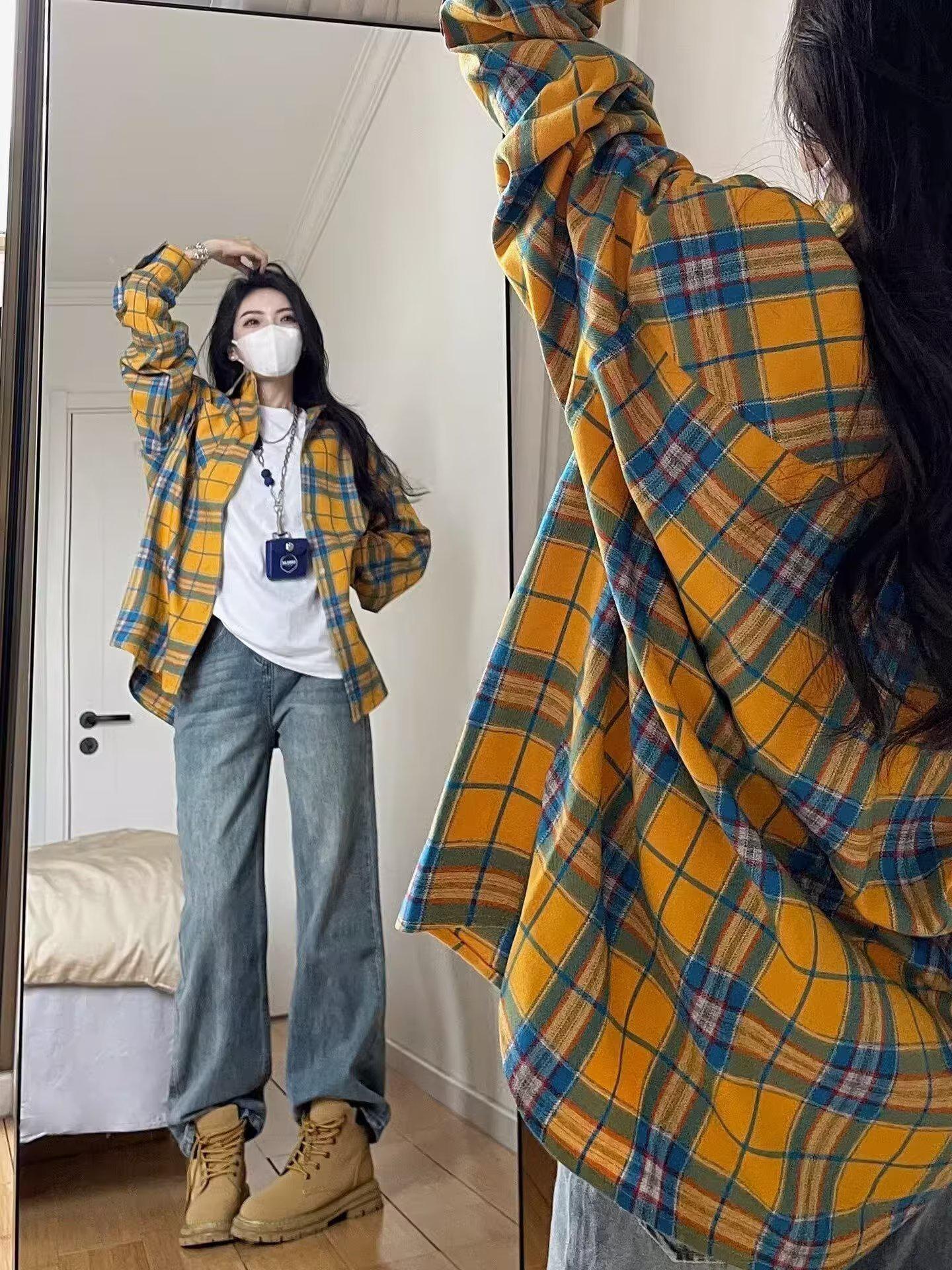 

Женская шикарная желтая клетчатая ретро-рубашка – свободный повседневный топ на весну и осень 3XL жёлтый