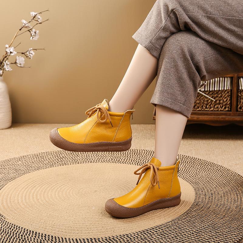 

2025 Winter genuine leather boots women s high top laced up flats woman warm short plush boot ladies orthopedic shoe ankle boots 41