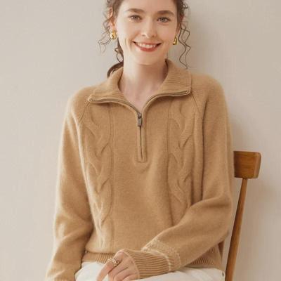Women's Cashmere Lapel Cardigan with Zipper and Twist Flower Design