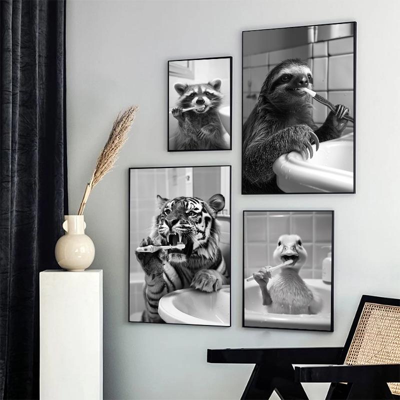 Black And White Cartoon Abstract Cute Animals Duck Hippo Panda Alpaca Brush Teeth Posters Canvas Prints Art Home Room Wall Decor