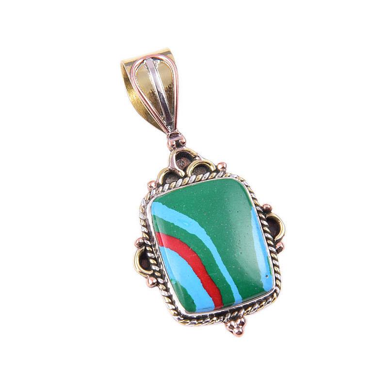 Natural Rainbow Calcica Gemstone 925 Solid Silver Two Tone Pendant 1.50" L8N60