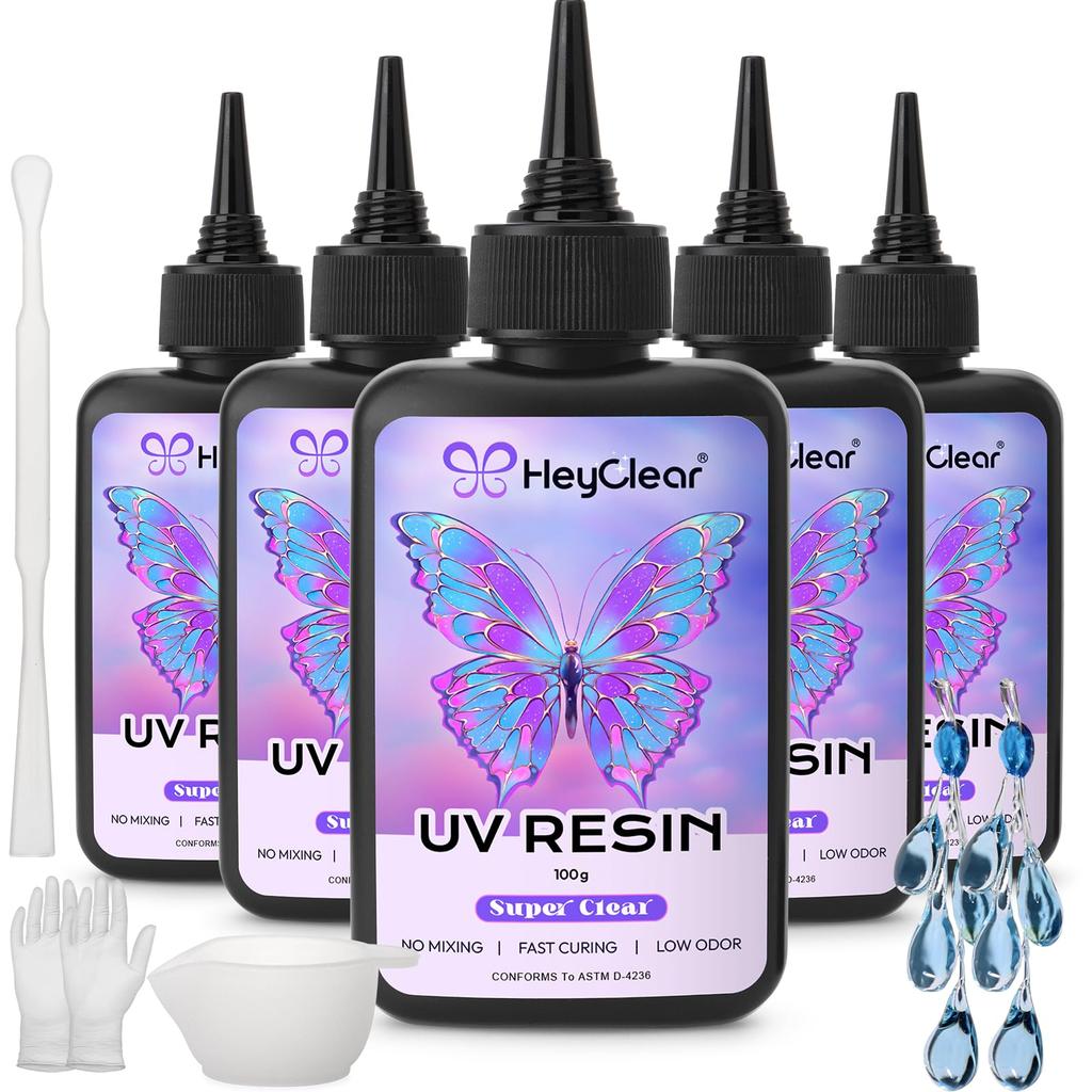 HeyClear 500g UV Resin Liquid - Super clear, low odor, hard, fast curing resin, ideal for DIY beginners, coating, handicrafts, and jewelry making such