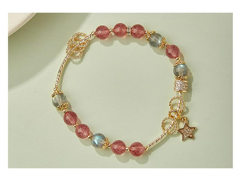 Qiaoen Women's Strawberry Crystal & Gray Moonstone Labradorite Beaded Bracelet