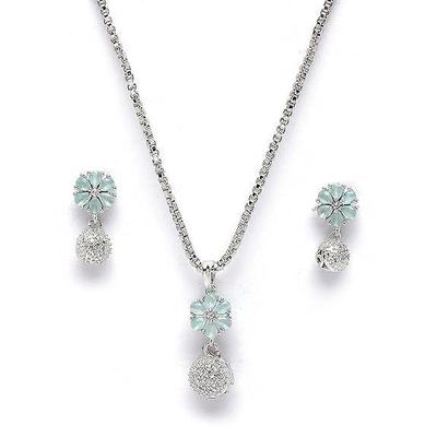 Rhodium-Plated Silver Toned Green Cubic Zirconia Studded Floral Shaped Cute Pendant with Earrings Jewellery Set for Girls and Women (Green)