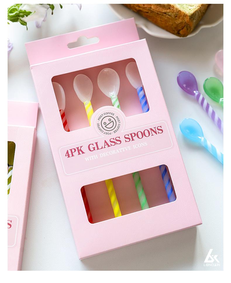 Colorful Glass Jade Spoon Set, Heat-Resistant Borosilicate Glass, 4-Piece, Pink Gift Box, Long Handle Round Stirring Spoons