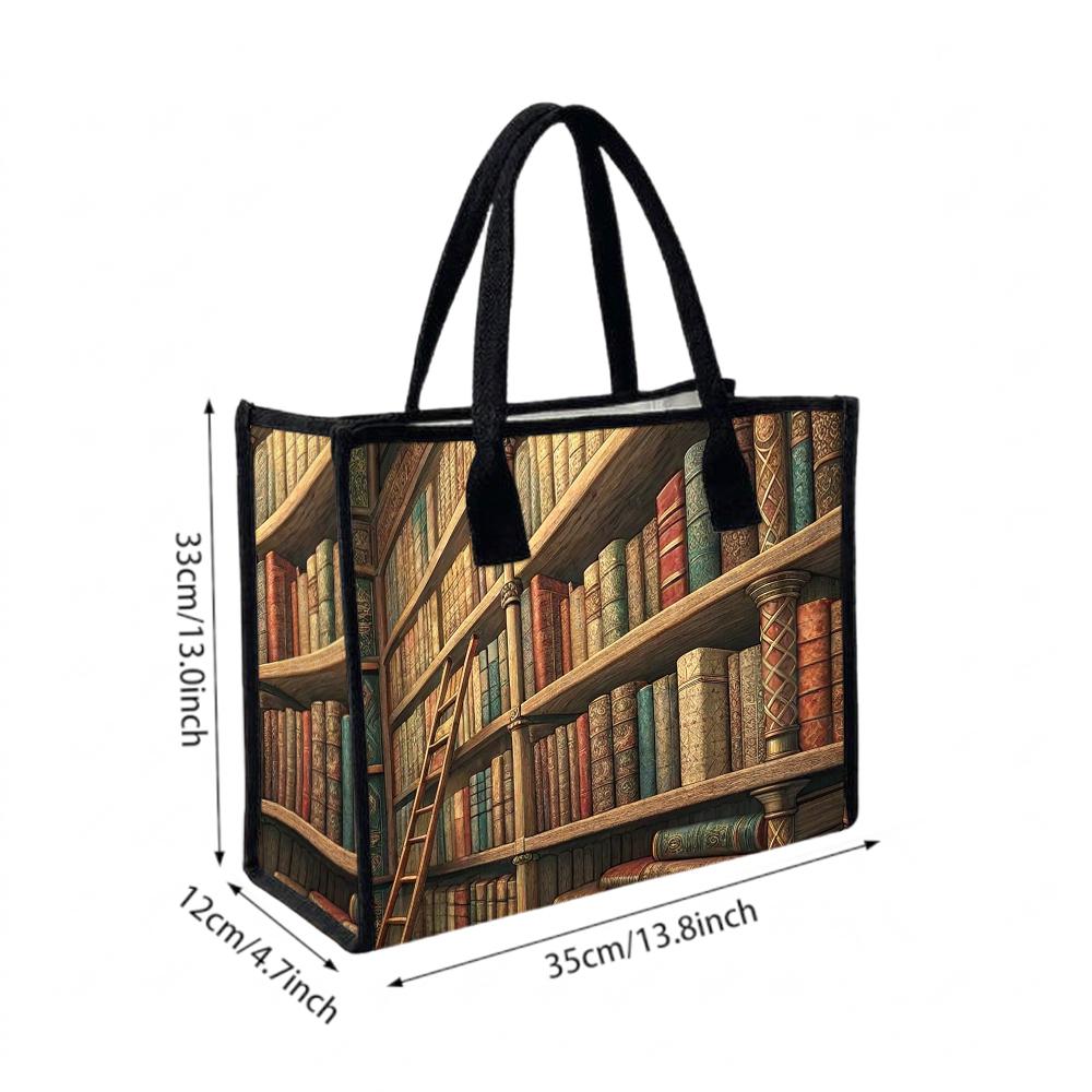 Vintage Library Book Shelf Print Tote Bag Casual Large Capacity Daily Shoulder Bag for Book Lovers