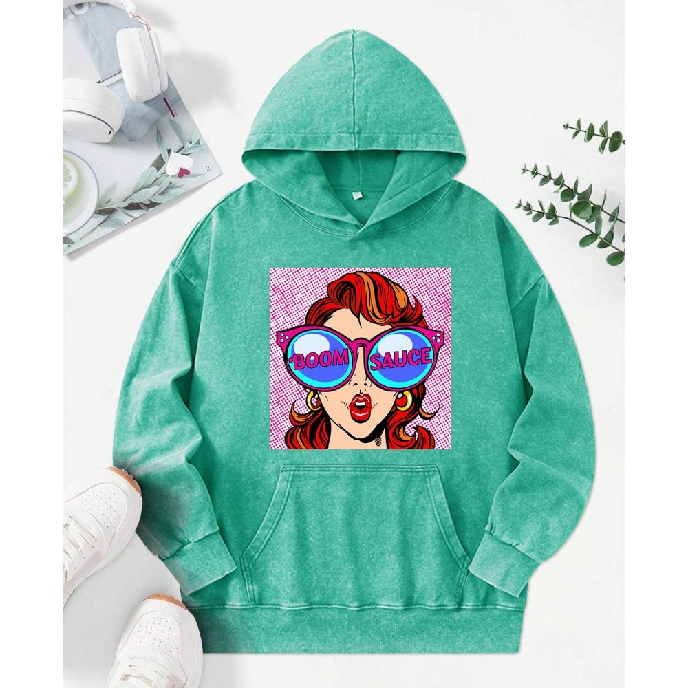 A Fashionable Ladies Wearing Sunglasses Print Women Washed Hoody Autumn Loose Streetwear Trendy Cotton Hoodie Top