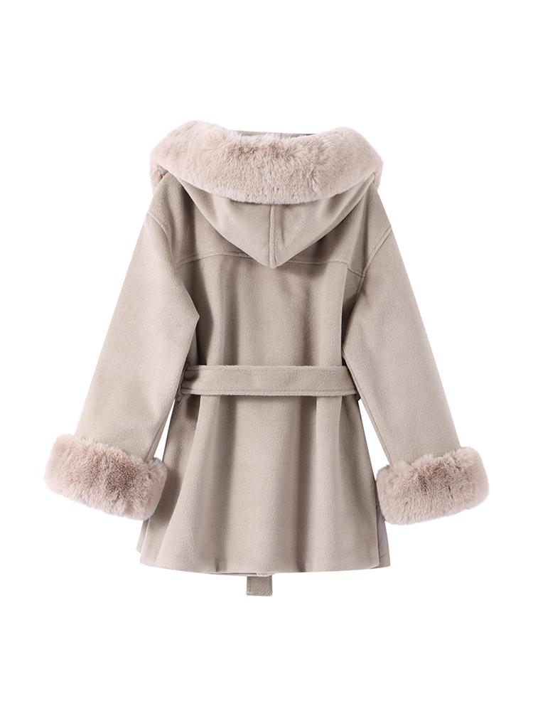 Damen Kapuzenjacke aus synthetischer Wolle Damen Taschen Wollmantel Damen Taillen Daunen Wolljacke Pelz Kapuzenmantel Modestil Herbst und Winter