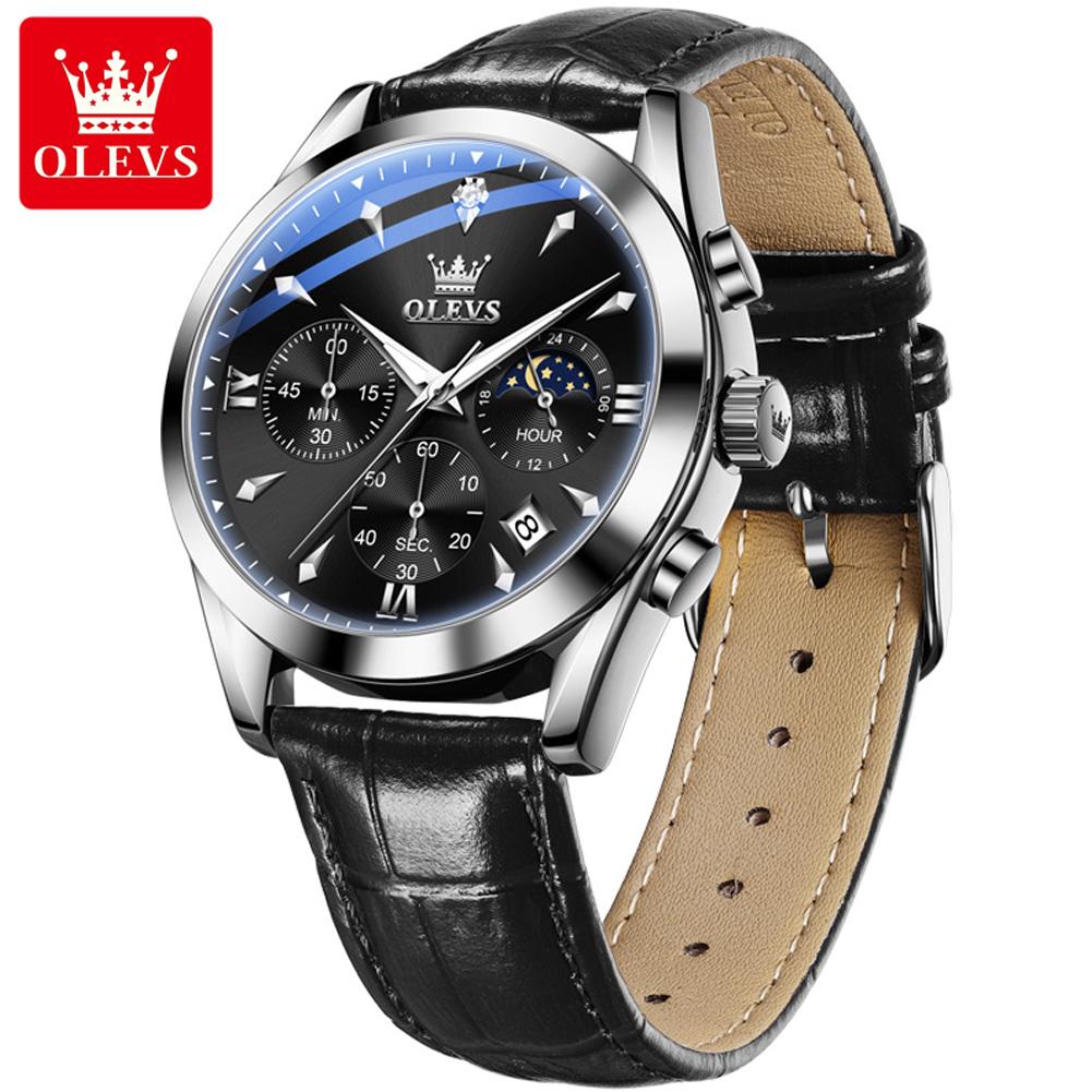 OLEVS Moon Phase Chronograph Man Watch Leather Strap Waterproof Luminous Luxury Brand Original Quartz Wrist Watches for Men 3609