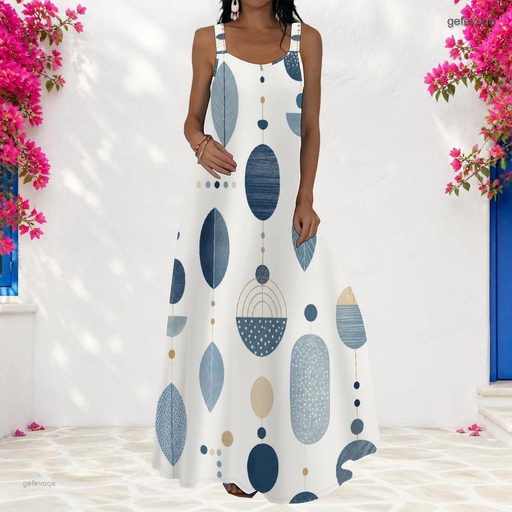Women Plus Size Scoop Neck Strappy Sleeveless Abstract Printed A Line Maxi Dress