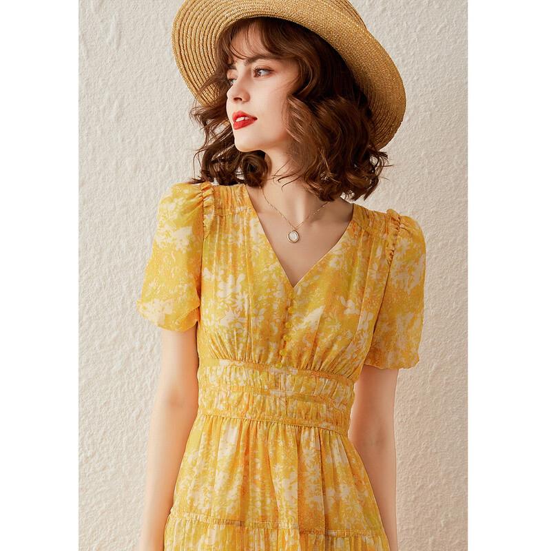 Bailuyu French Style V-Neck Floral Puff Sleeve Long Dress