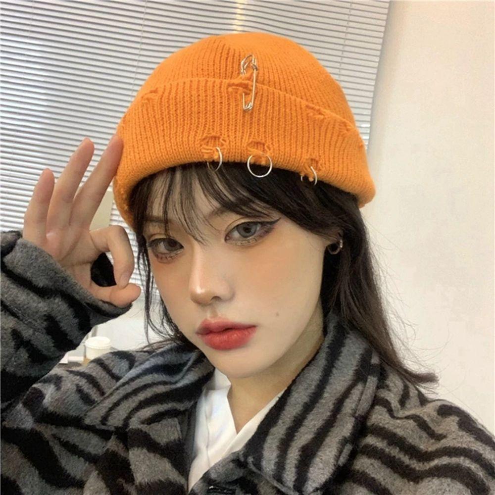 Cute Casual Distressed Hole Male O-Ring Winter Female Beanie Hat Knitted Hat Warm Cap Solid Color