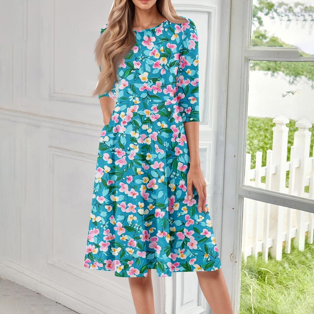 Lockeres, lässiges und modisches Damenkleid mit Rundhalsausschnitt, sieben Viertelärmeln und Print in mittlerer Länge