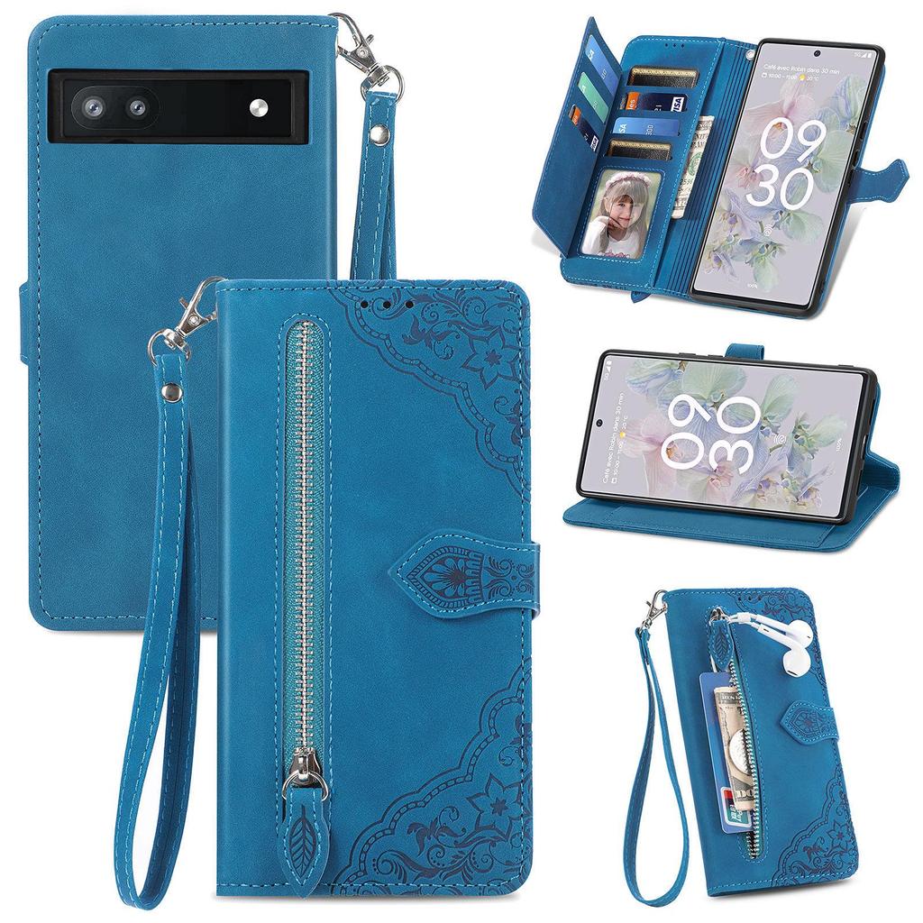 Custodia a portafoglio magnetica in pelle per Google Pixel 9A con cerniera, design in rilievo e fessura per carte