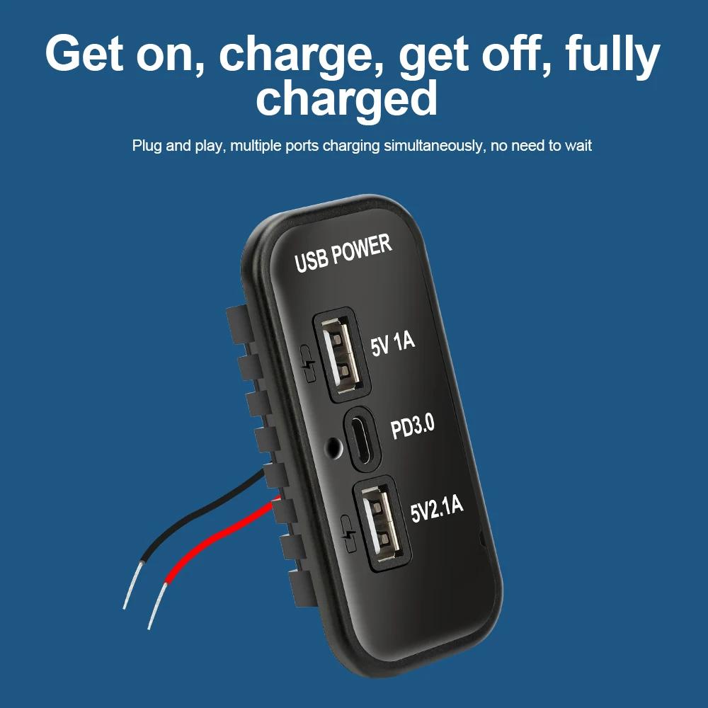 35.5W 3 Port PD Type-C 2.1A 1A Dual USB Car Charger Socket for Motorcycle Auto Truck ATV Boat RV Bus Power Adapter Outlet 12/24V