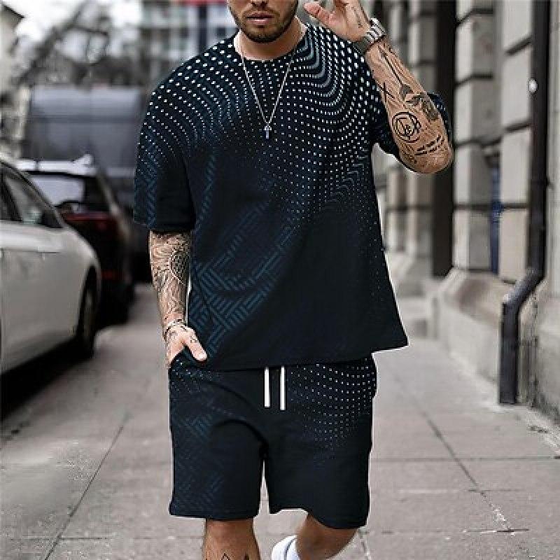 Geometriska grafiska tryck Sport Fritidskläder för män Shorts T-shirt Outfits Utomhus Daglig semester T-shirt Kortärmad rund hals