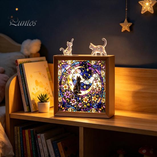 Wooden Photo Frame Base DIY Acrylic Cat Puzzles Night Light, Hand-Assembled Stained Glass Style Jigsaw Lamp with Personalized Handmade Presents Decor,