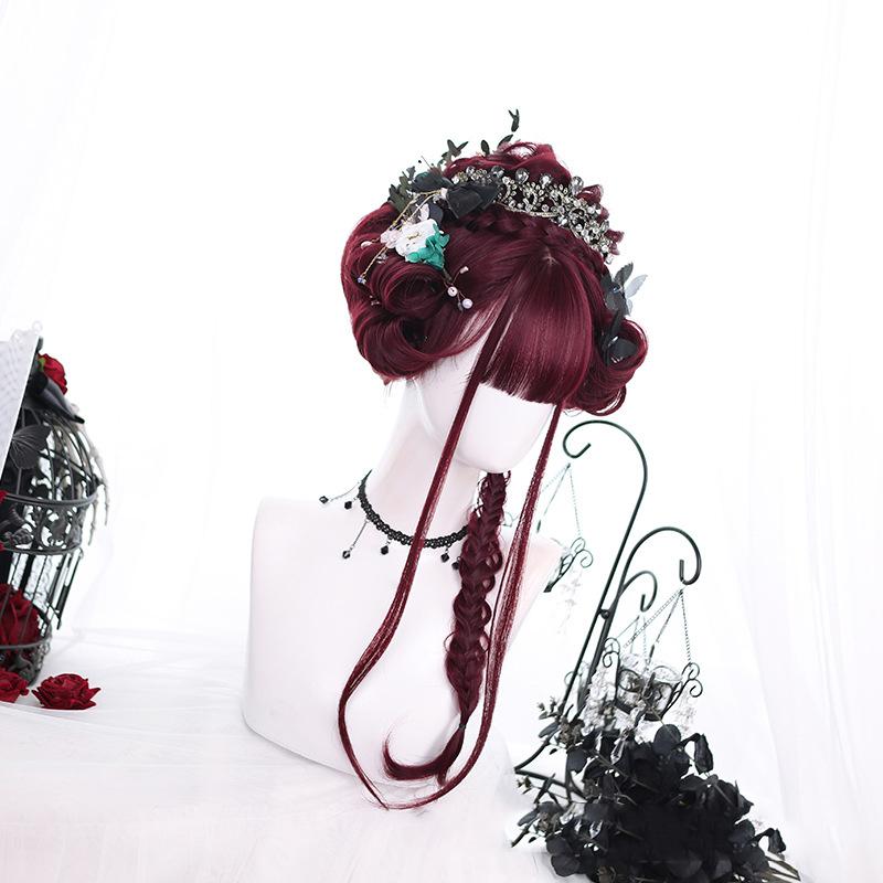 Bybrana Damen-Perücke, langes Haar, Burgunderrot, gewellt, Pony, Perücke, Lolita, Cosplay, Kunsthaar, hohe Temperaturbeständigkeit