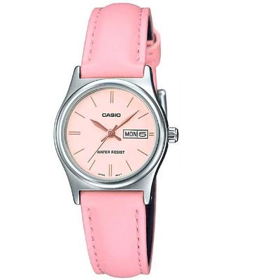 Relógio de Vestido Analógico Feminino LTP-V006L-4B com Pulseira de Couro Rosa e Mostrador Rosa com Dia e Data