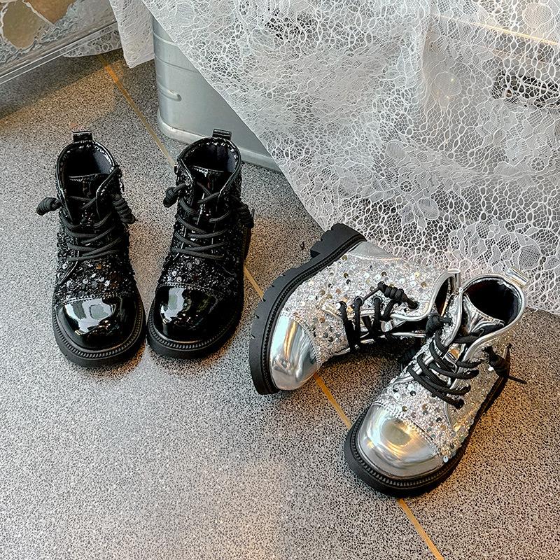 Silver Martin Boots Spring and Autumn Shoes Children's Boots Model Catwalk Girl Shiny Boots Shiny Performance Black