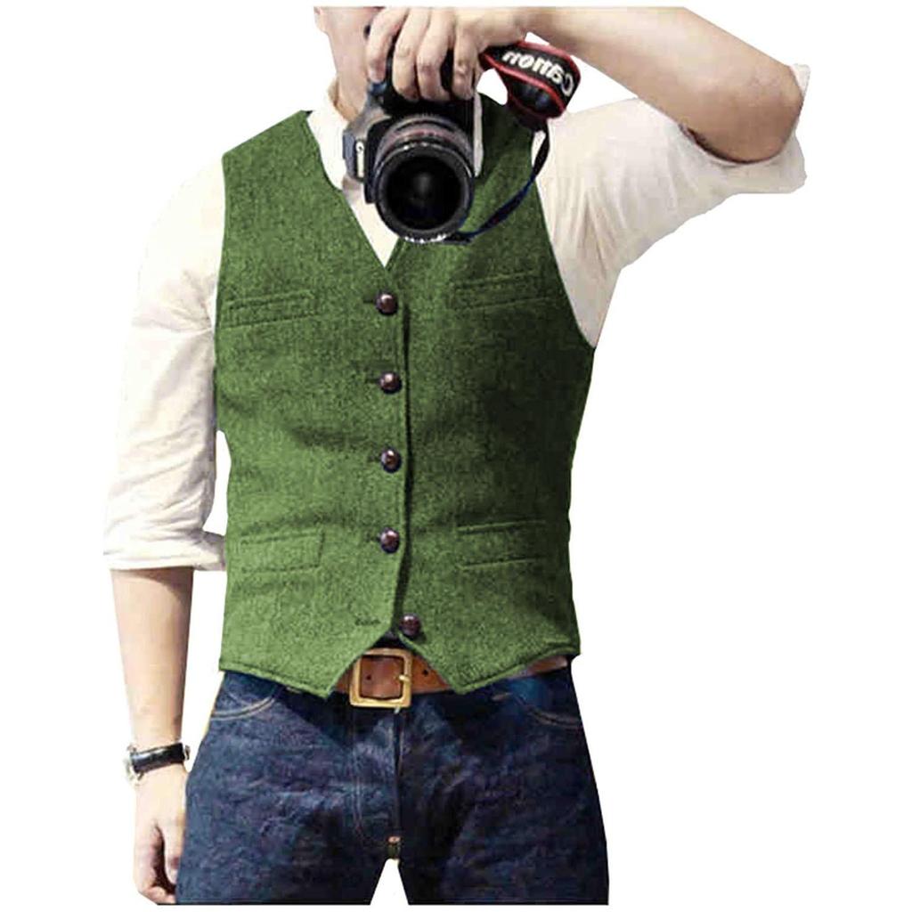 V Neck Men's Suits Vest Casual Classic Formal Business Herringbone Tweed Slim Fit Waistcoat For Wedding Groomsmen