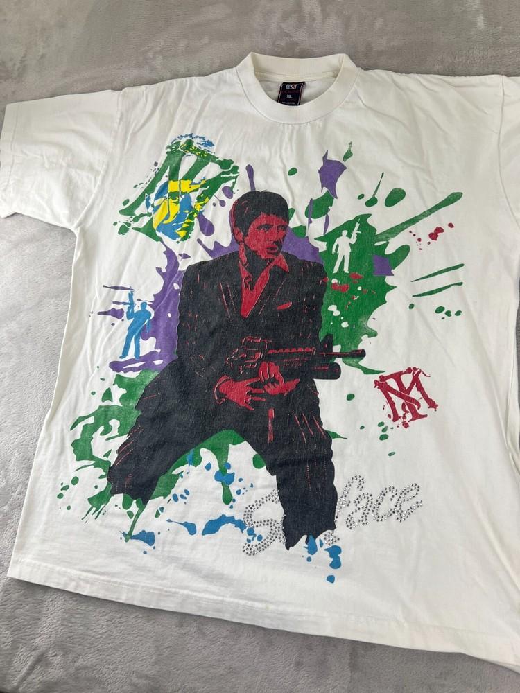 Vintage Y2K SCARFACE Big Print TShirt Size XL Bling Tony Montana Paint Splatter S