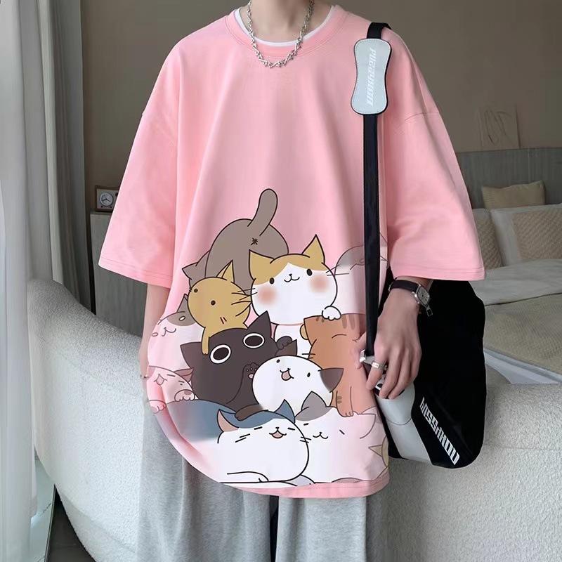 Men Cute Cat Print Short Sleeve T Shirt Casual Loose Fit Summer Streetwear Top