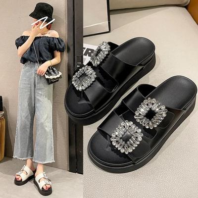 Fashion Rhinestone Women Summer Shoes Ladies Middle Heels Platform Sandals Slides Double Buckle Band Slippers Woman Crystal Flip Flops