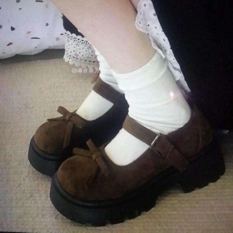 Autumn brown retro thick-soled heightening bow Mary Jane small leather shoes with skirt light-mouth single shoes