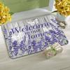 Charming Lavender Welcome Doormat Grey Wooden Board with White Butterfly Print Entryway Mat for Farmhouse Front Door Home Decor