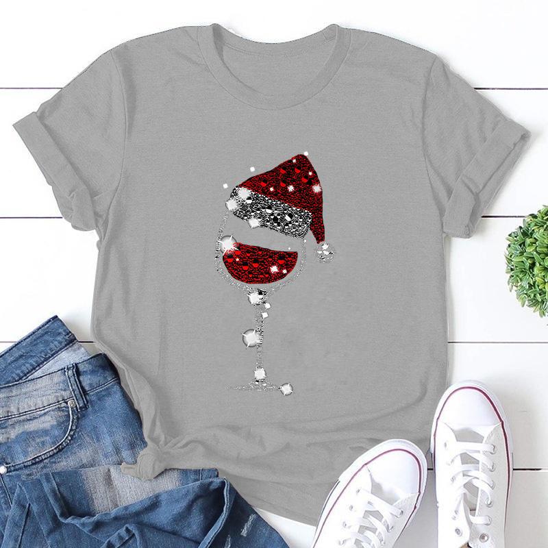 New Christmas Red Wine Glass Print Cozy T Shirt Women's Casual Round Neck Short Sleeved T-Shirt