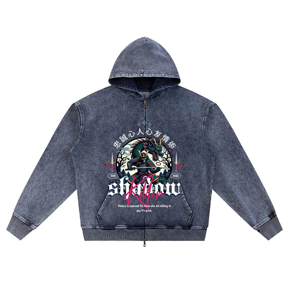 DTG print Knitted Denim Zip-Up Hoodie Shadow Killer Brother Print Zipper Hoodies