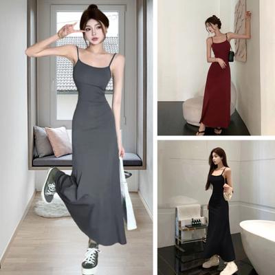Lady Strappy Dress Spaghetti Strap Sleeveless Tight Waist Slim Fit Backless Dress-up Low-cut Ankle Length Women Vest Dress Female Clothes