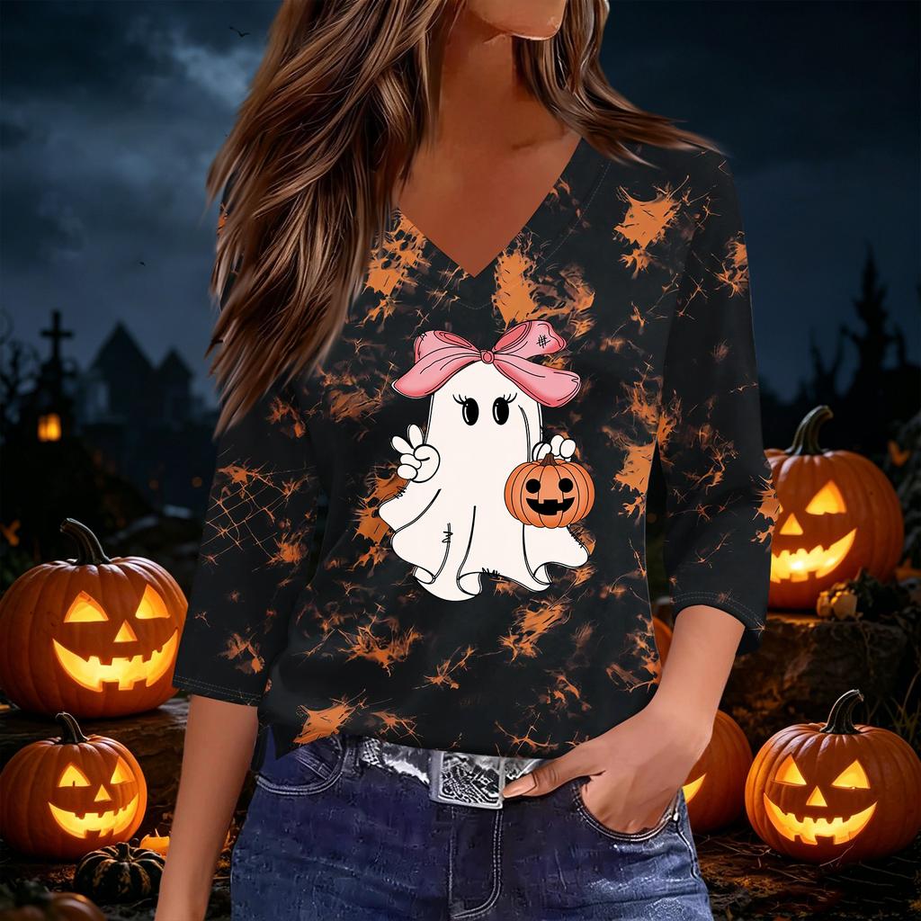 Women's Halloween Print V-Neck Three-Quarter Sleeve Top Casual Blouse for Party