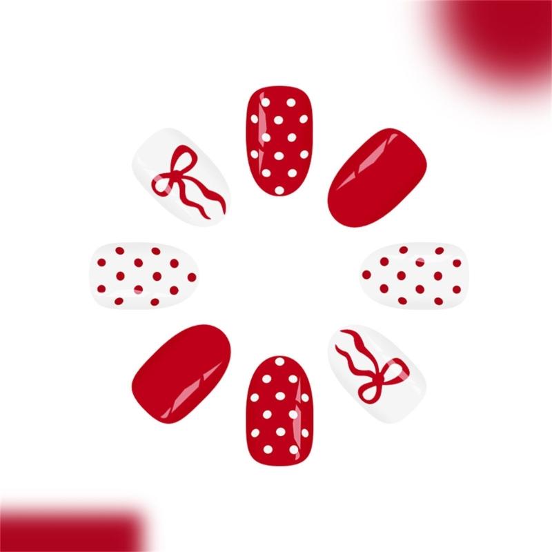24Pcs French Manicure Fake Nail Red White Dotted Pattern Artificial Fingernails For Daily Use Special Party Wedding