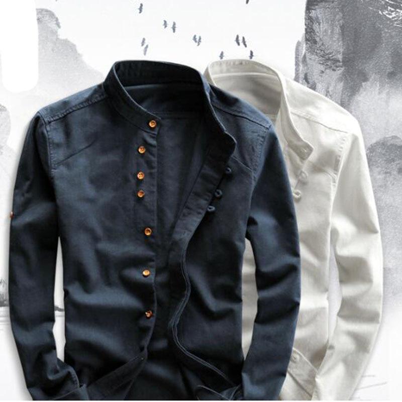 Camicie da uomo in cotone e lino a maniche lunghe Camicie casual slim con colletto alla coreana