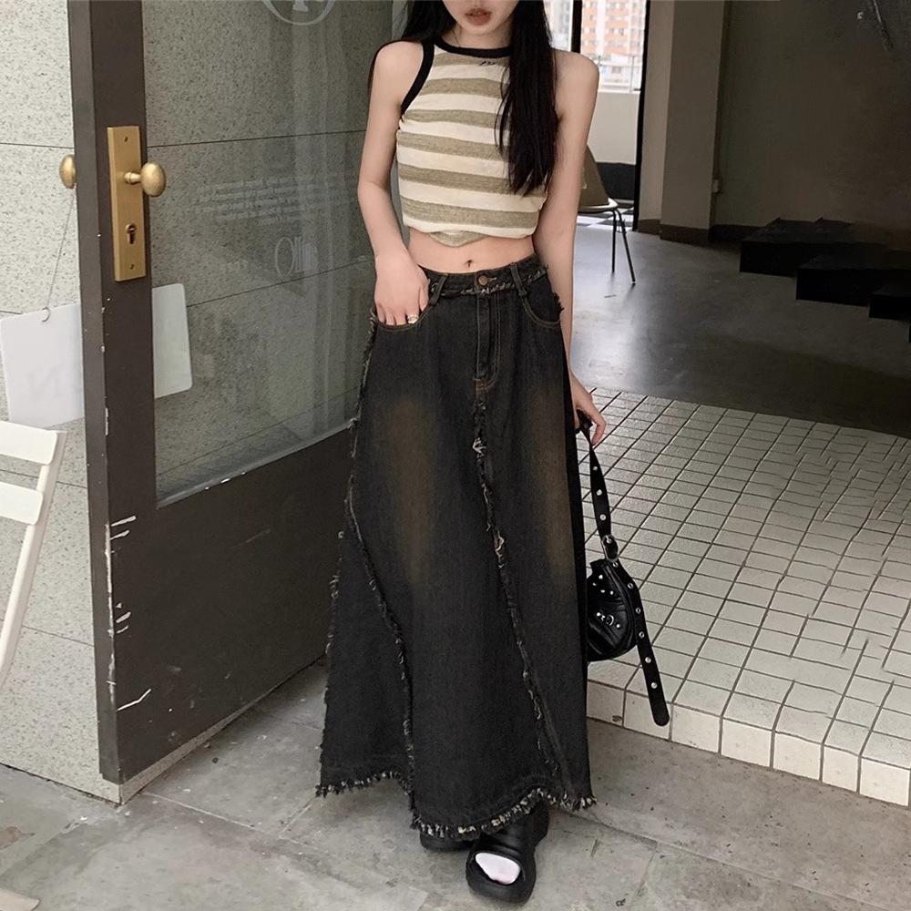 

Women s Black Denim A-Line Midi Skirt with Raw Hem for Spring/Autumn 2025 M