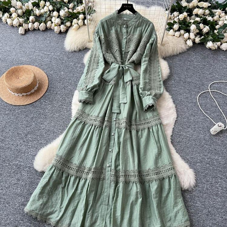 Sexy Vintage Lace Lace Up Glitter A Line Long Sleeve Beach Dress Chic Summer Vacation Vestidos for Women