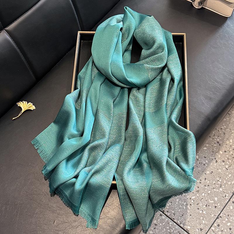 Scarf for Women New Style Elegant and Versatile Printed Long Scarf  Imitation Silk Scarf  Double-sided Gold Wire Sunscreen Shawl