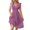 Women's Fashion Ruffle Sleeve Mid-Length V-Neck Lace Hollow Solid Color Casual Dresses