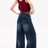 Women's Retro Tie-Dye Wide-Leg Denim Jeans with Dark Blue Bamboo Texture