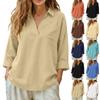 Women's Loose-Fit Cotton-Linen V-Neck Long-Sleeve Shirt With Pockets – -Color Casual Top