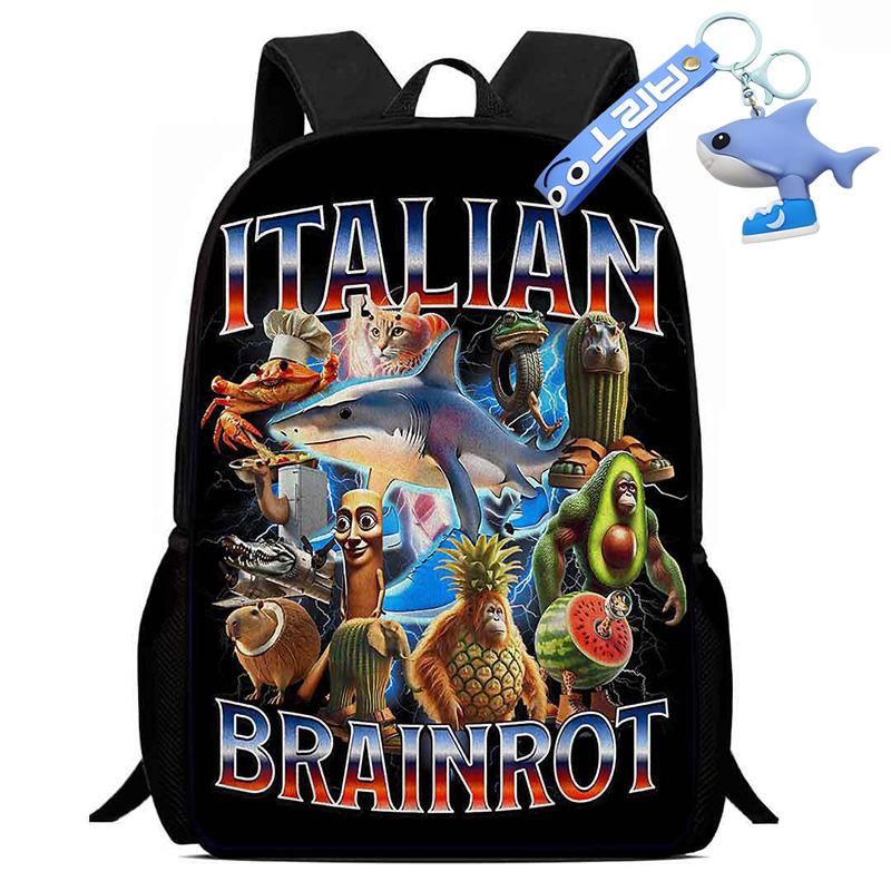 Portable Italian Brainrot Backpack Shoulders Bag Large Capacity Cartoon School Bag Printed Tung Tung Saur Tralala Bag For Kid