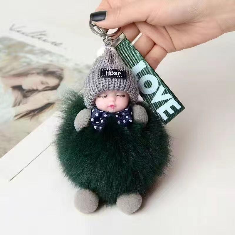 Genuine Fox Fur Sleep Doll Keychain Plush Pom-Pom Accessory