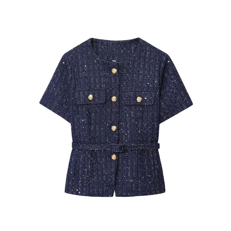 

Kaslead New Women clothes Western Style Fashion Simple and Versatile Graceful Short sleeve Cardigan Outerwear Blue L