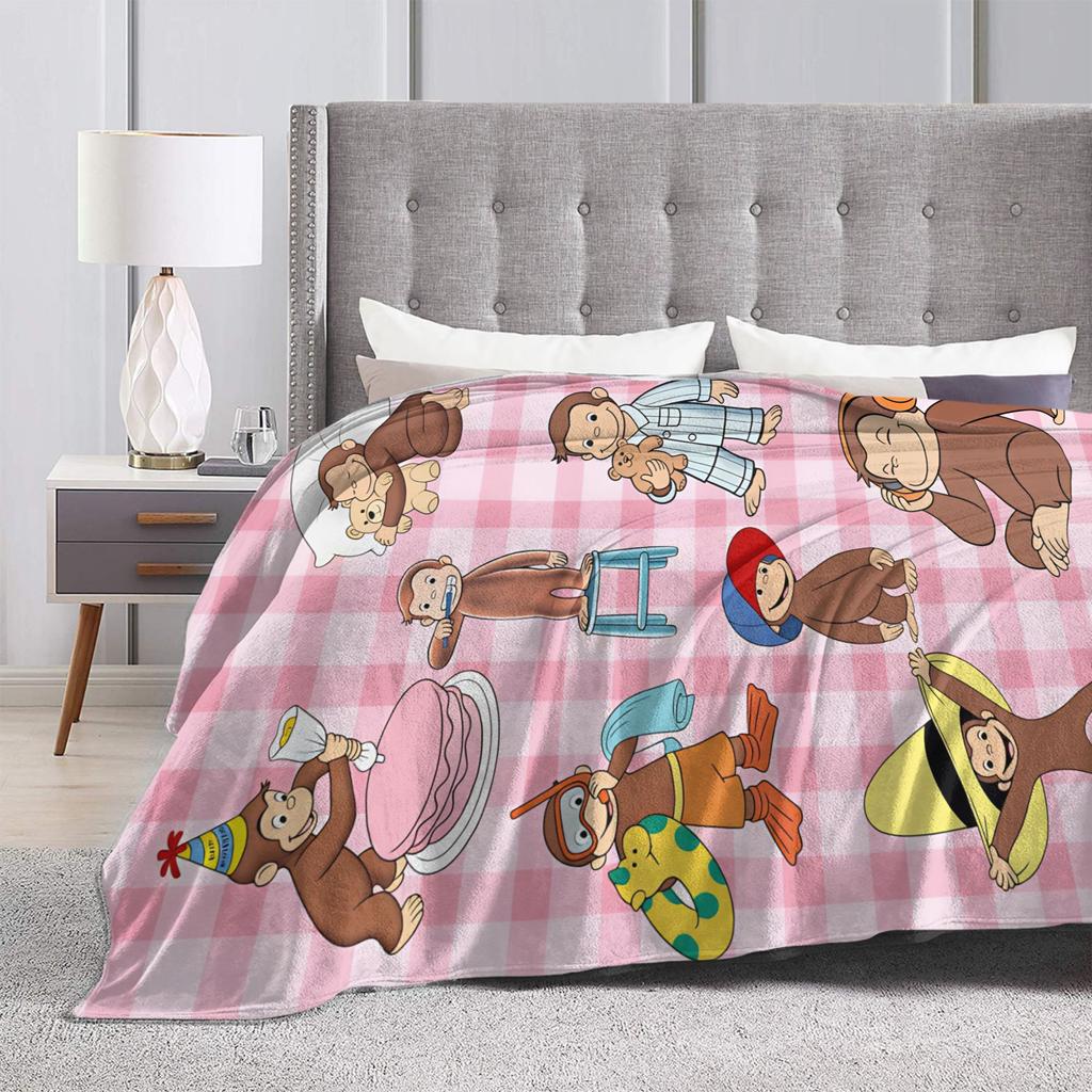 Curious George Pink Check Life Flannel Blankets Soft Throw Blanket for Bedroom Decorative Graphic Bedspread Sofa Bed Cover