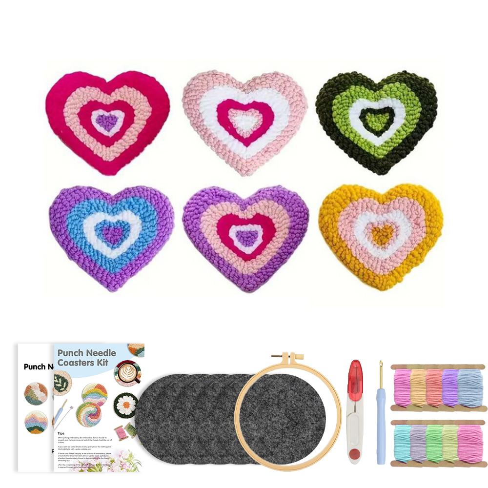Valentine's Day Embroidery Kit Punch Needle Set Coaster Love Heart Cross Stitch Hand Tufted Magic DIY Craft Arts Sewing Set